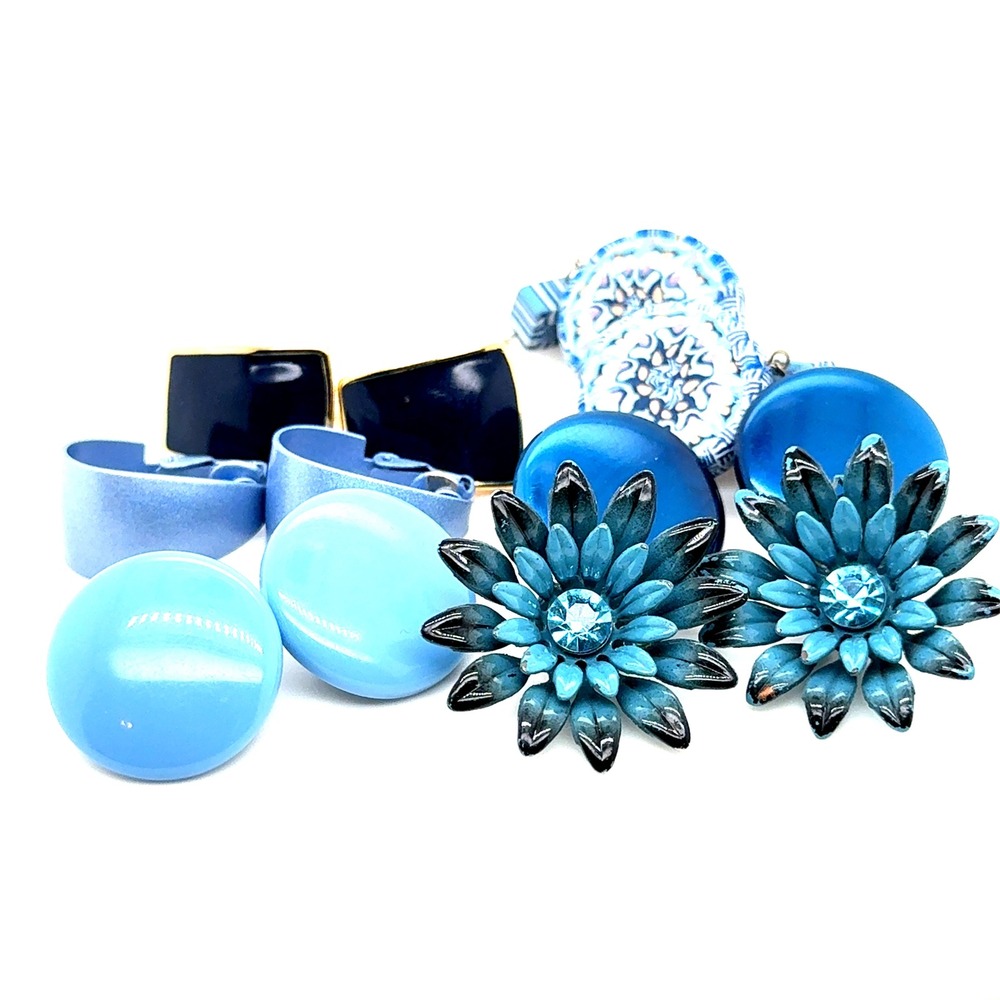 Vintage Blue Clip On Earring Lot 6 Pairs Enamel Flower Millefiori Dome